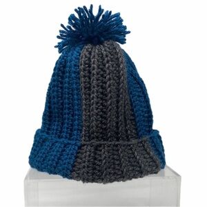 Handmade Blue and Gray Kids Pom-Pom Crocheted Beanie